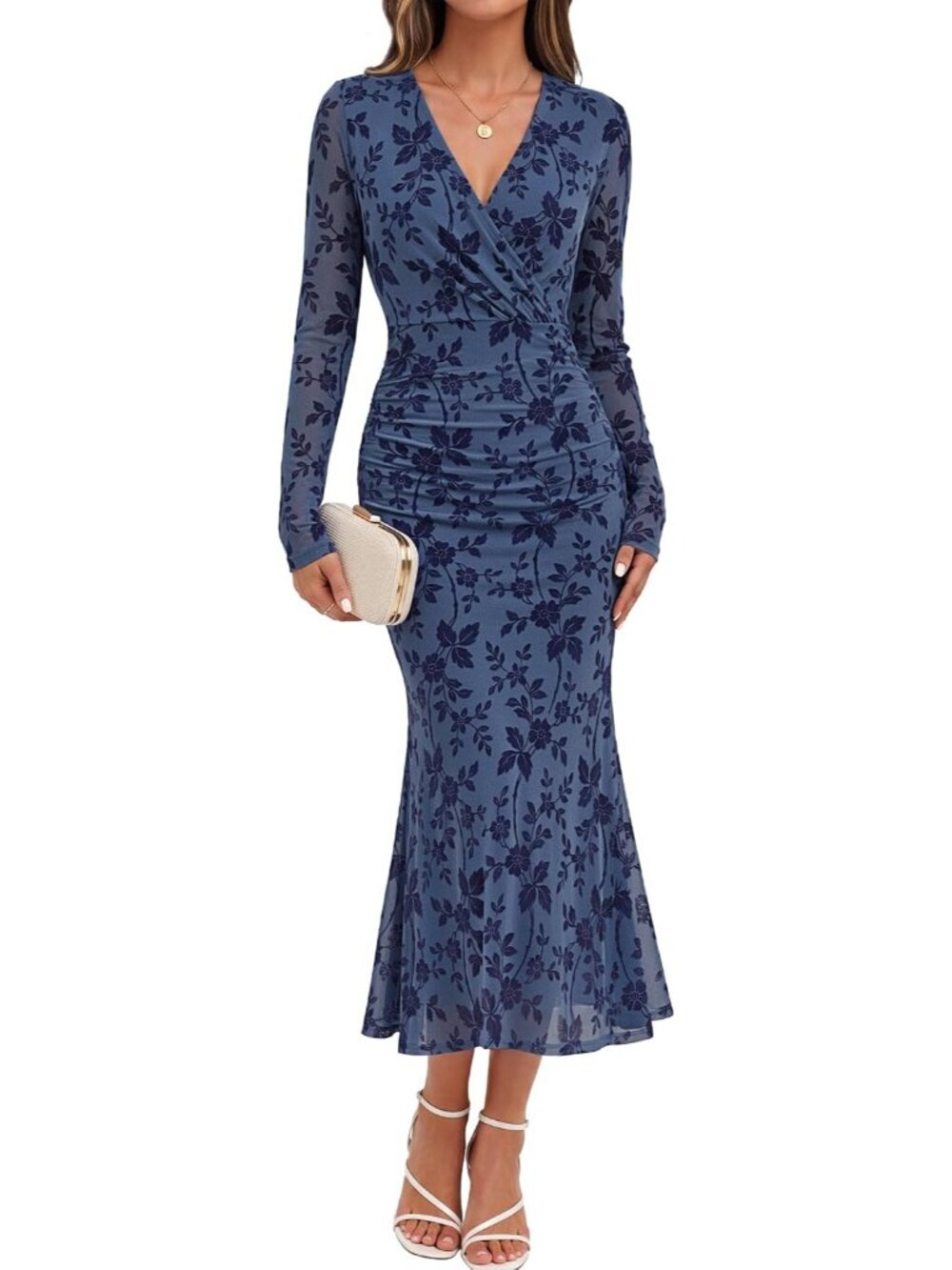 〽️Women's Dusty Blue Floral Wrap Maxi Dress Long Sleeve Ruched Ruffle Hem